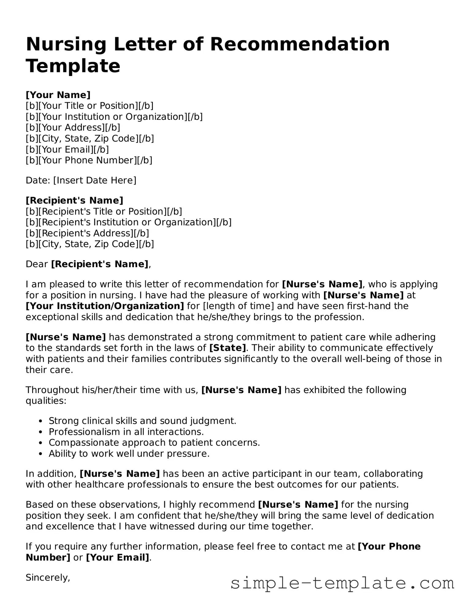 Nursing Letter of Recommendation Form
