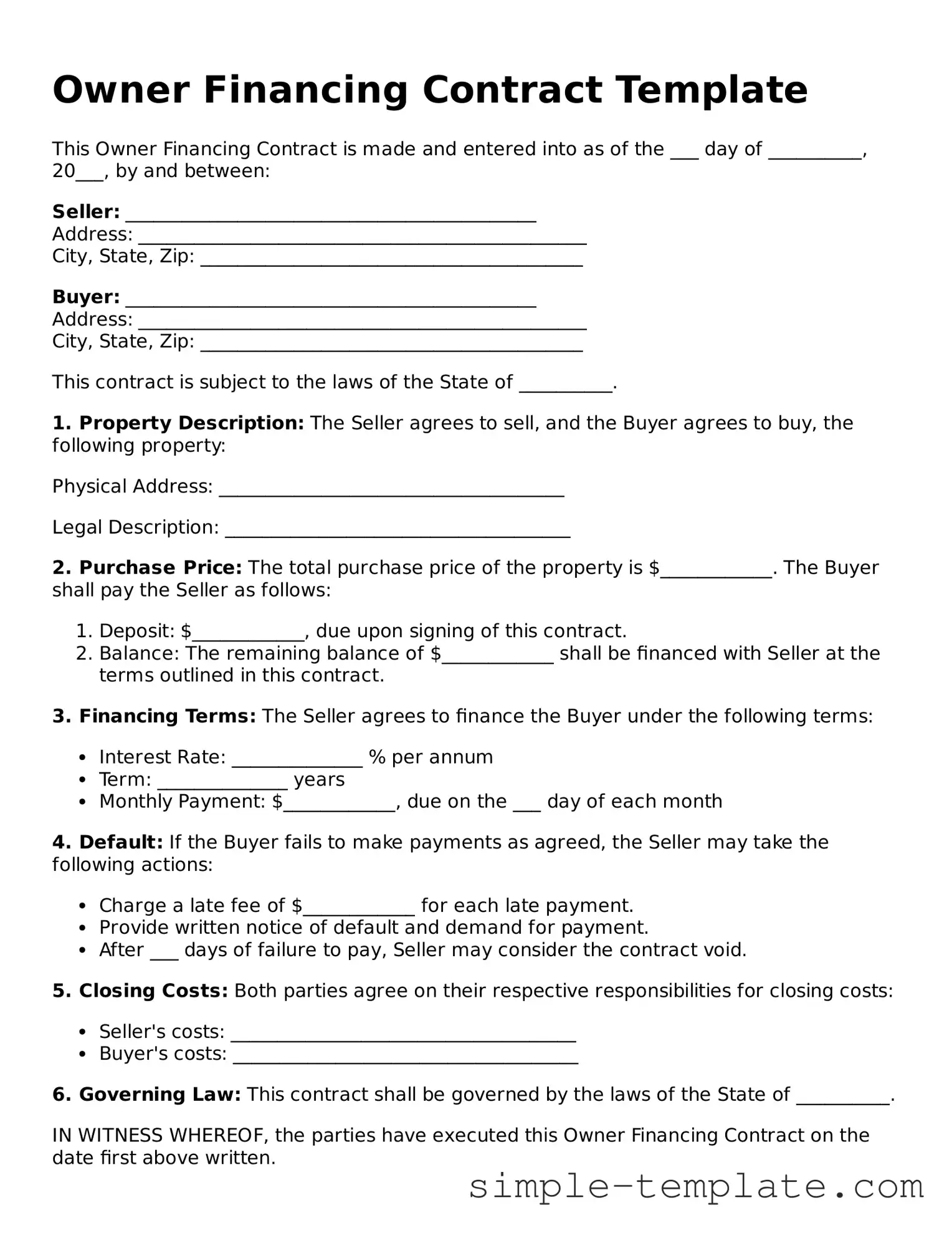 Owner Financing Contract Form