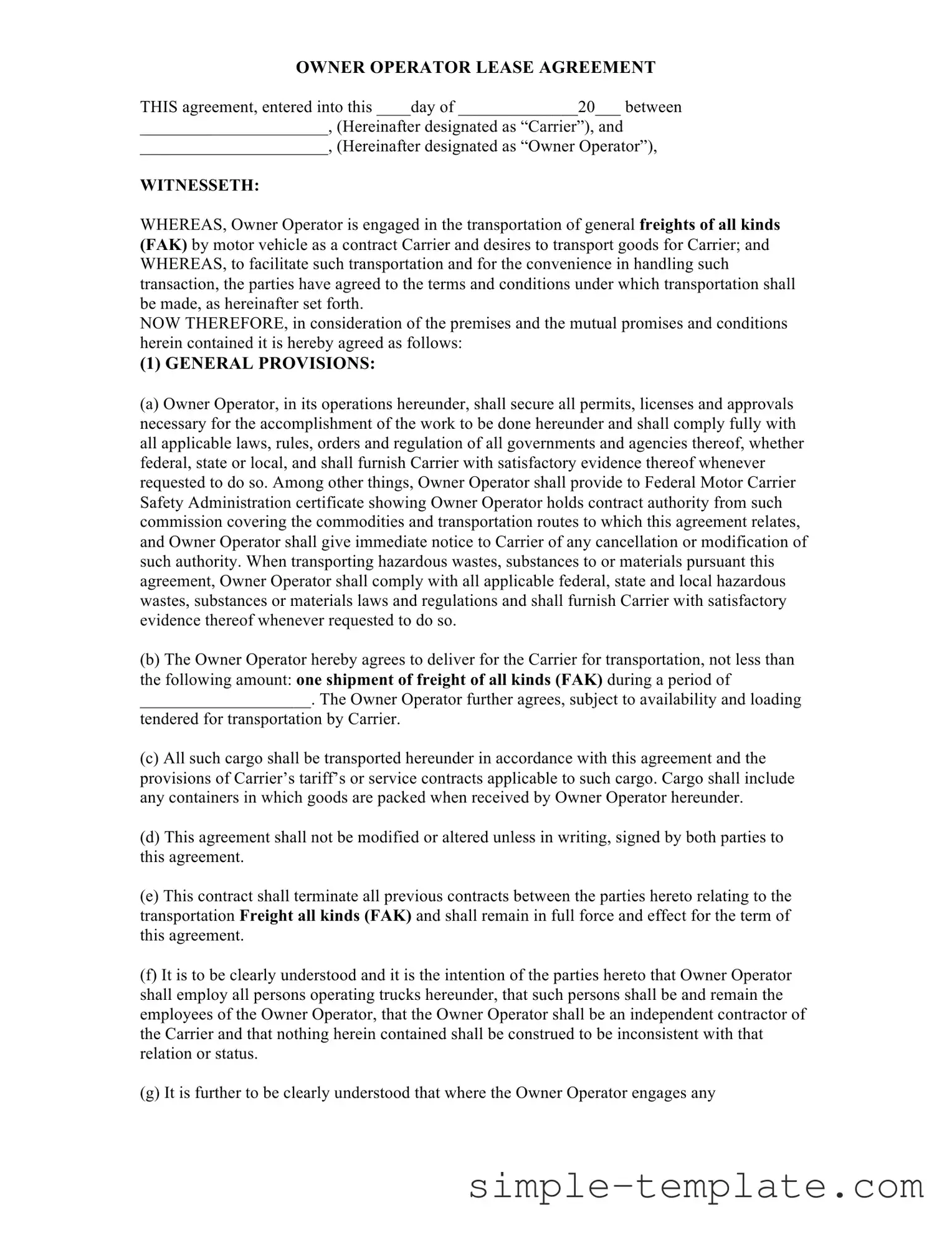 Free Owner Operator Lease Agreement Form in PDF