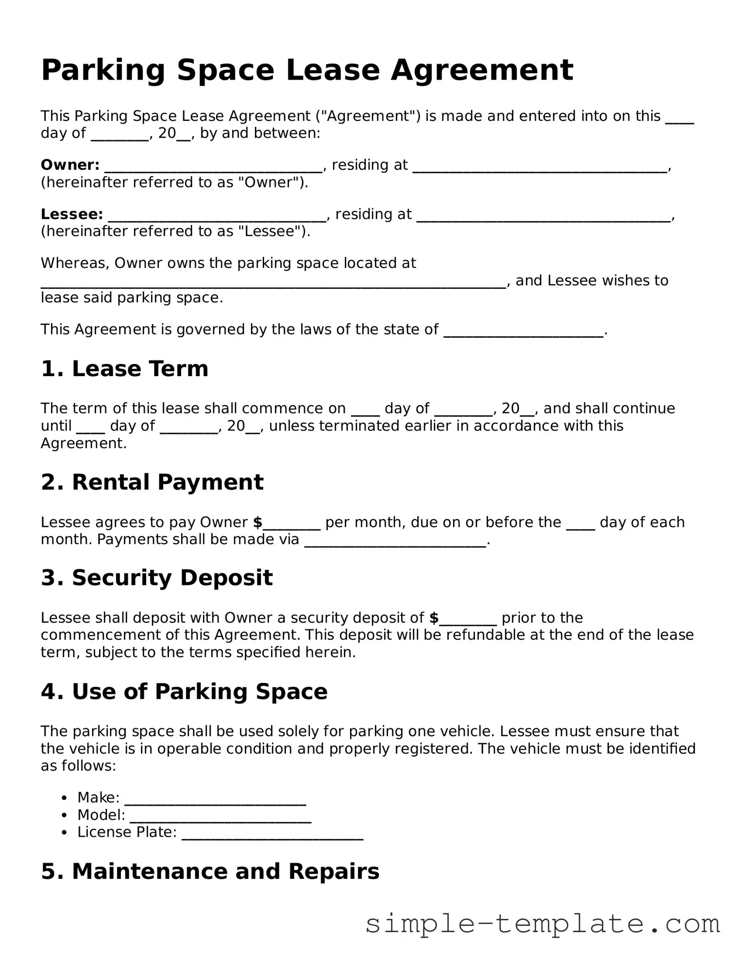 Parking Space Lease Agreement Form