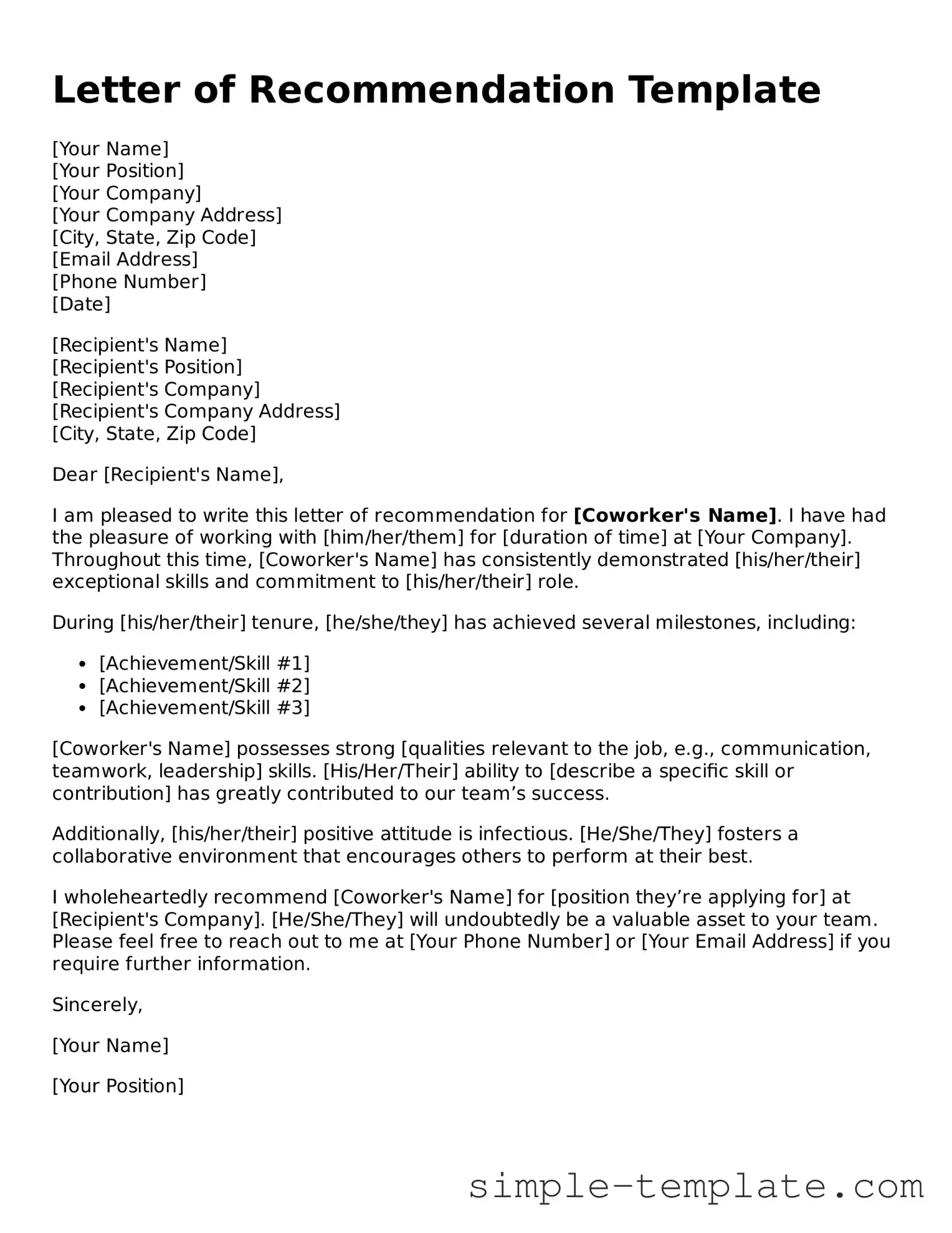Letter of Recommendation for Coworker Form