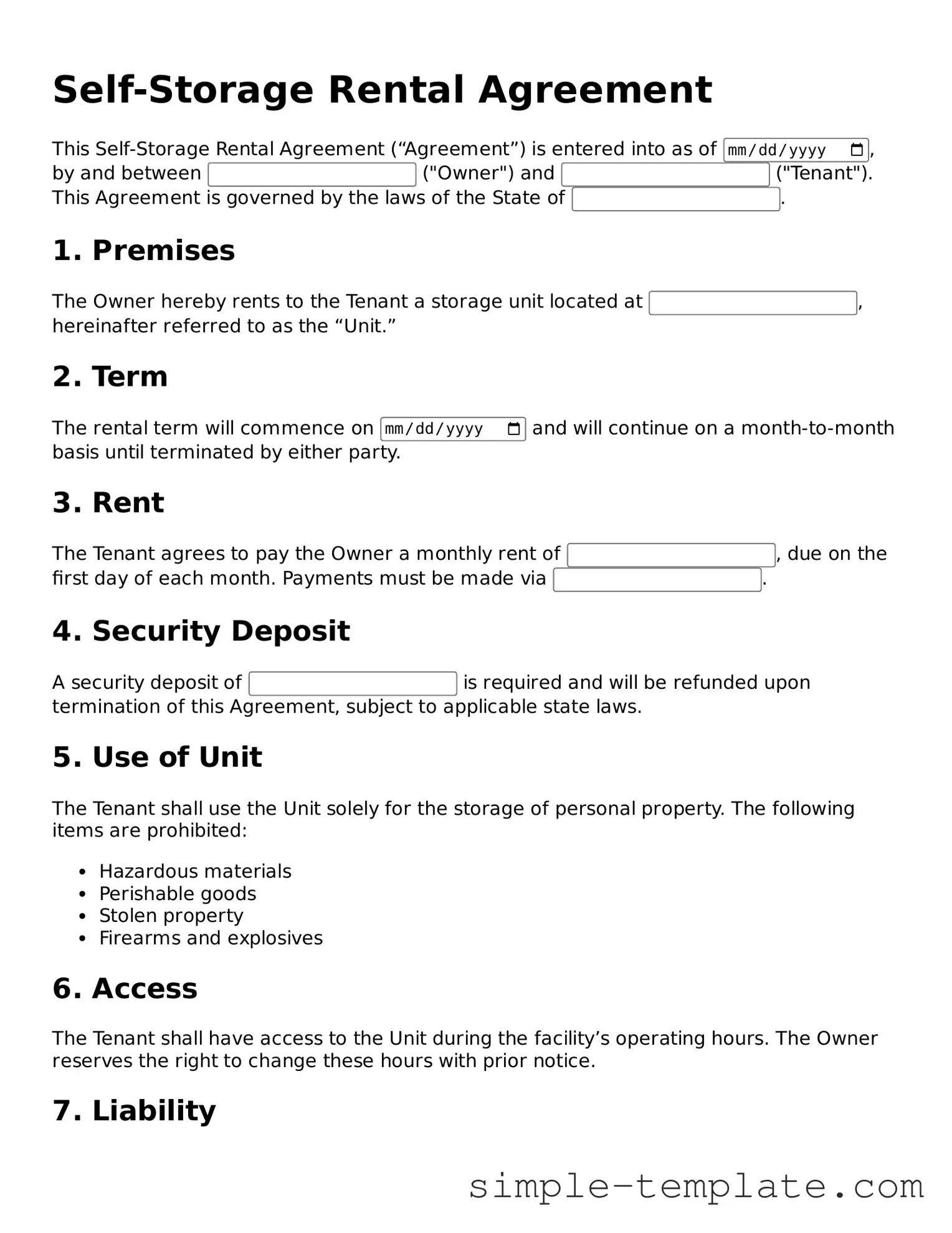 Self-Storage Rental Agreement Form