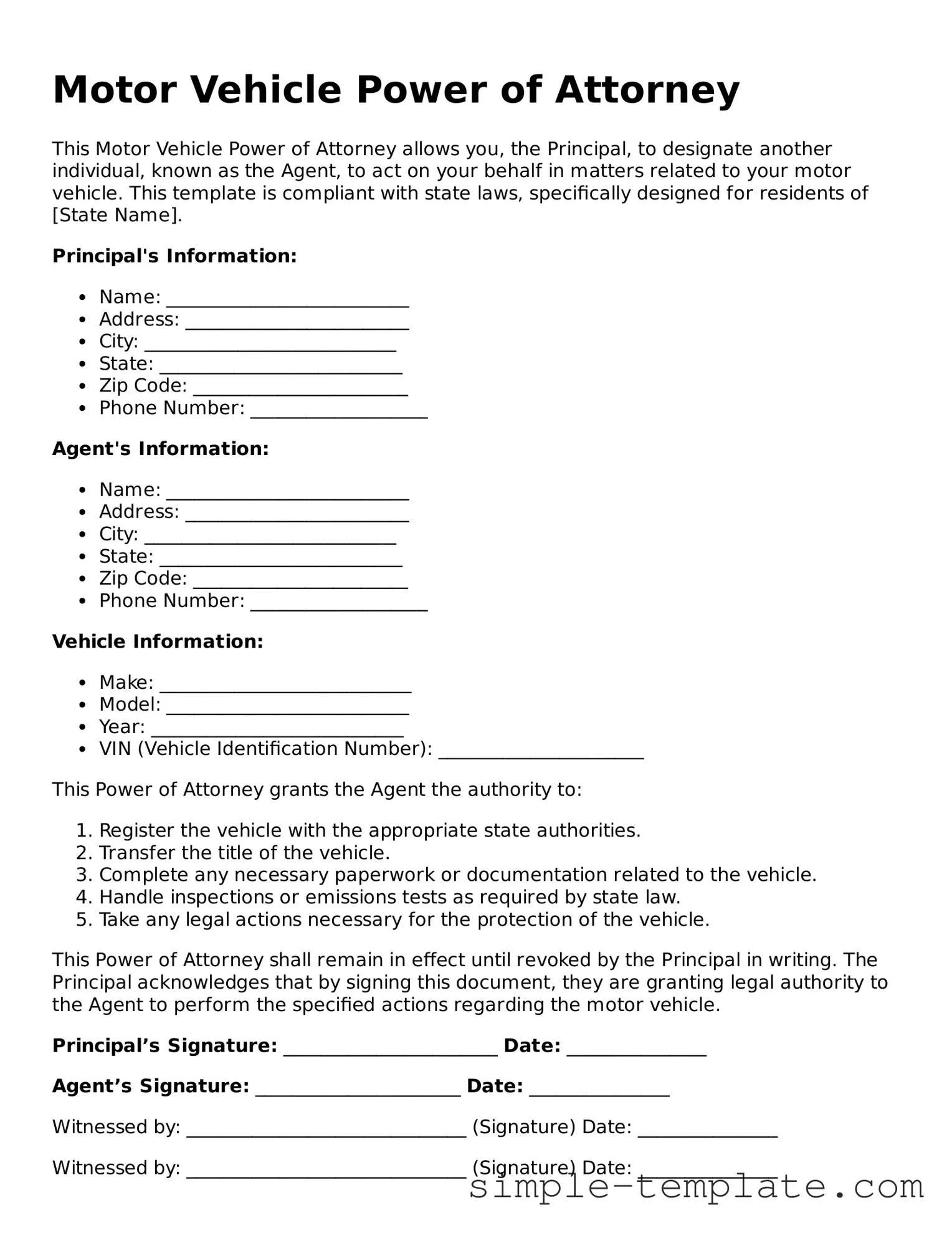 Motor Vehicle Power of Attorney Form