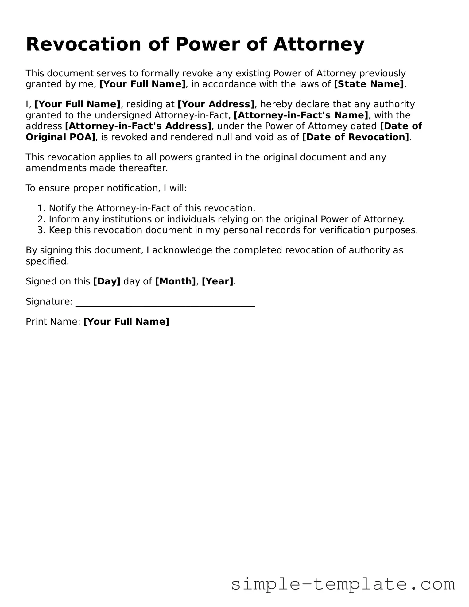 Revocation of Power of Attorney Form