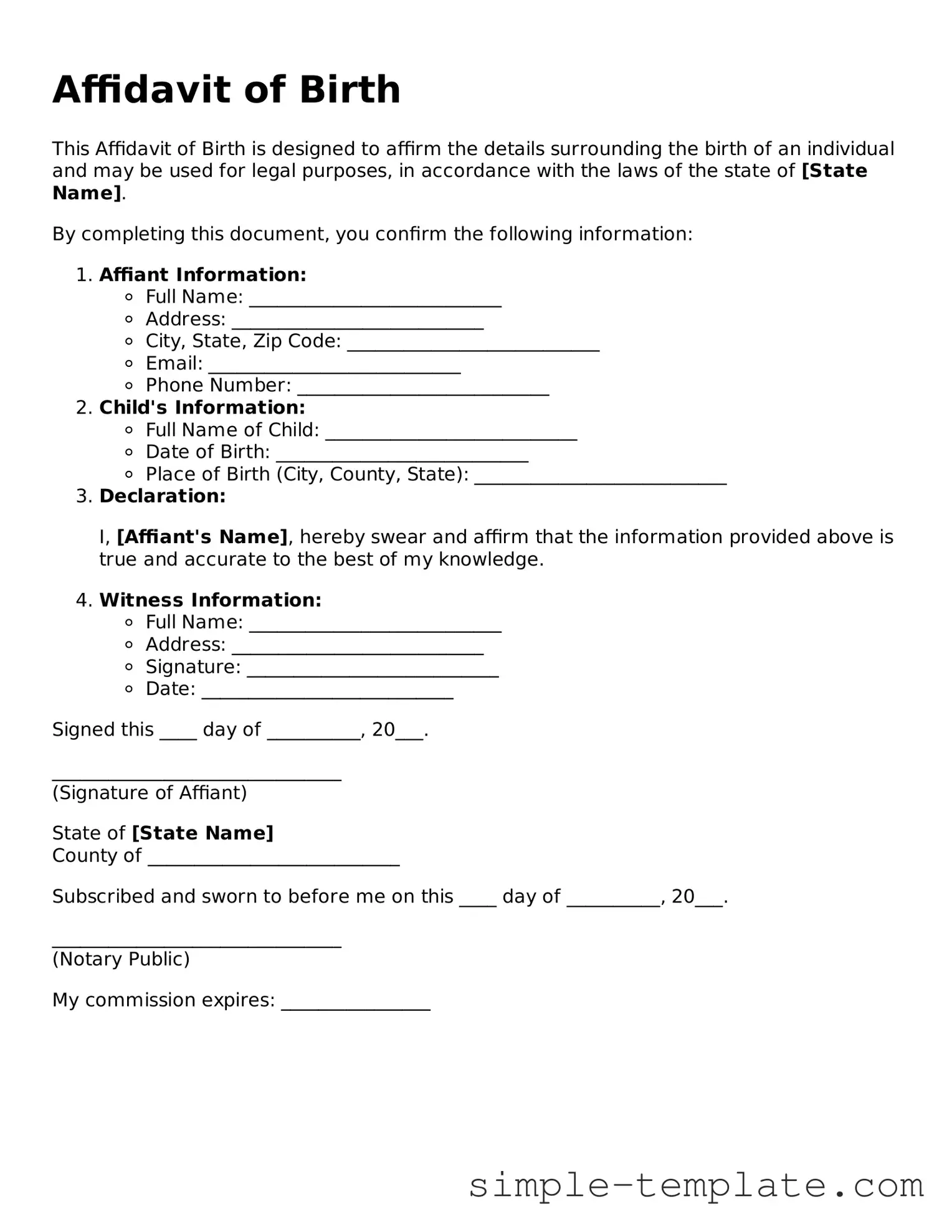 Affidavit of Birth Form