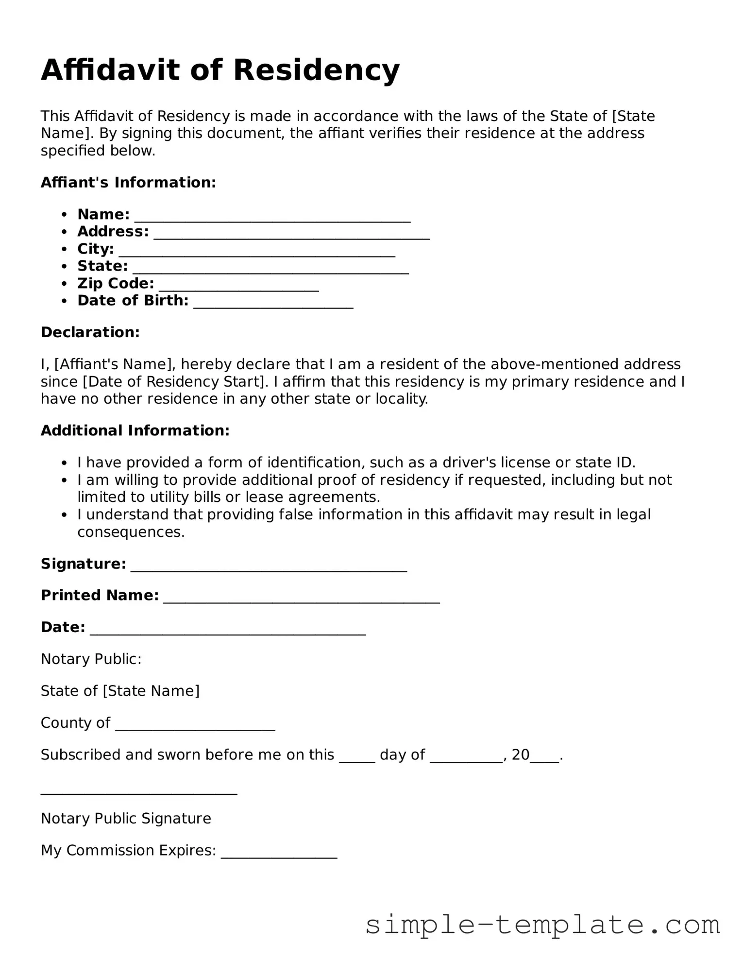 Affidavit of Residency Form