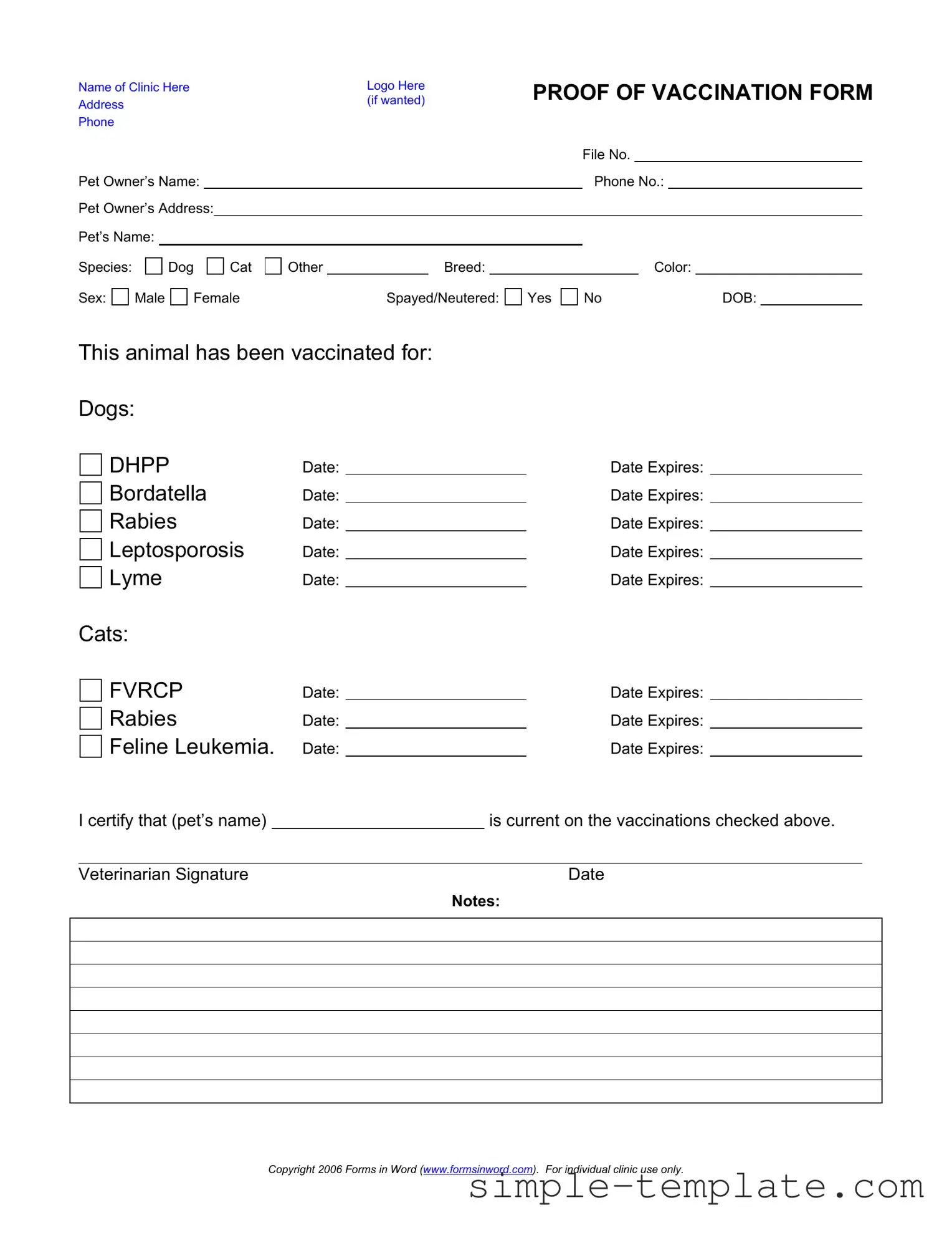 Free Proof Of Vaccination Dog Form in PDF