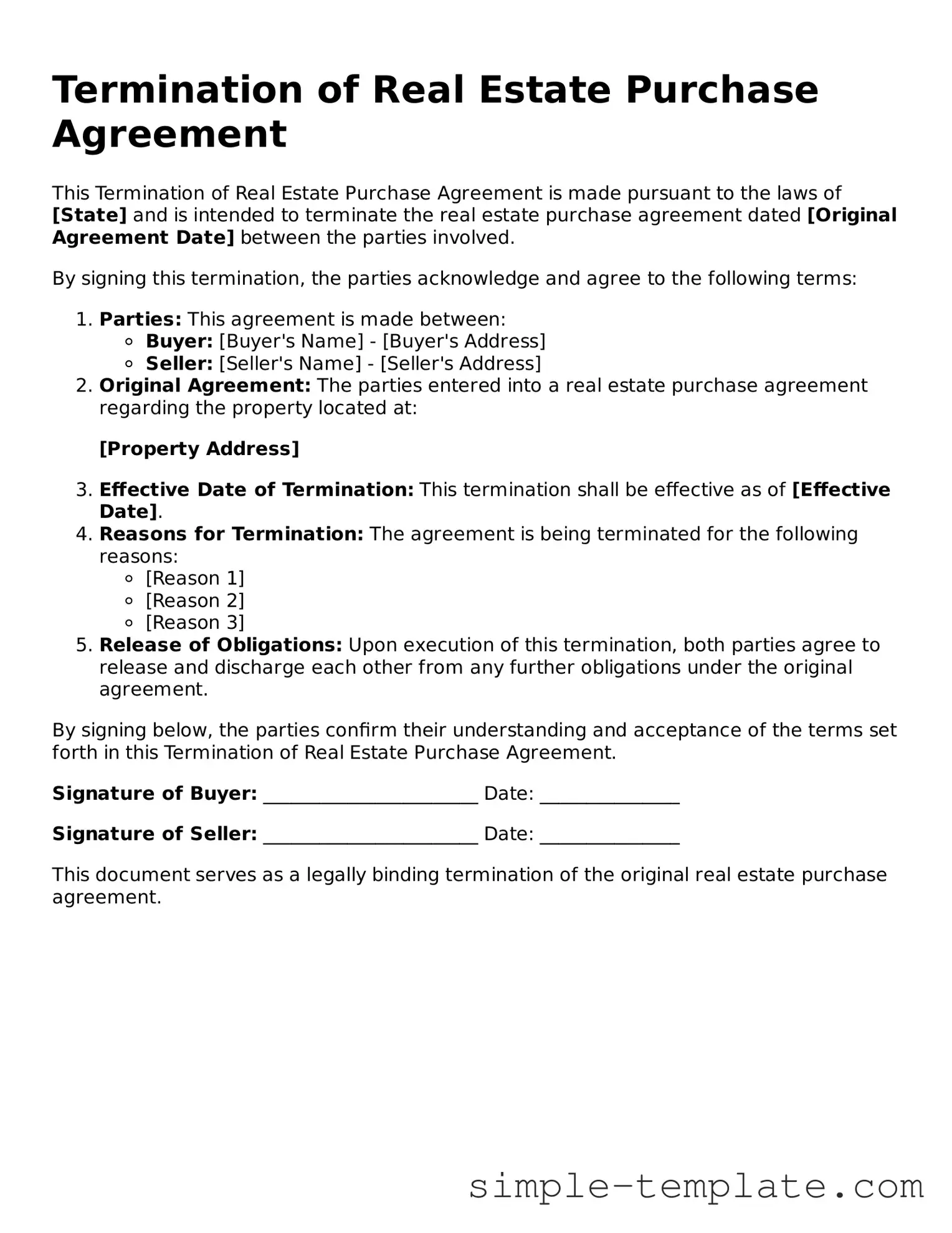Termination of Real Estate Purchase Agreement Form