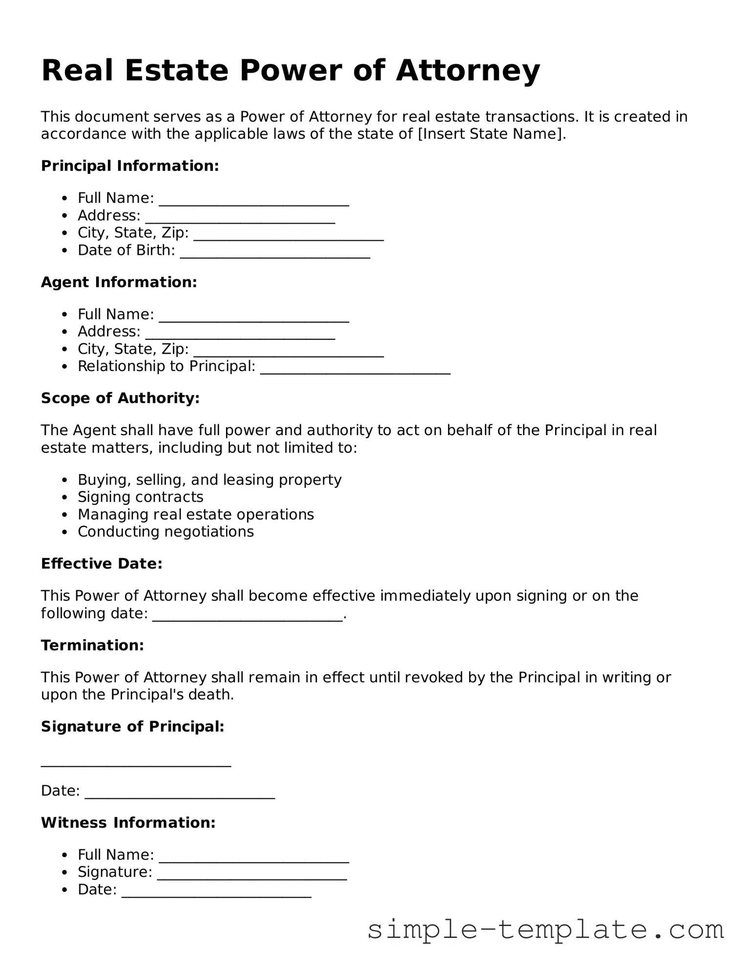 Real Estate Power of Attorney Form