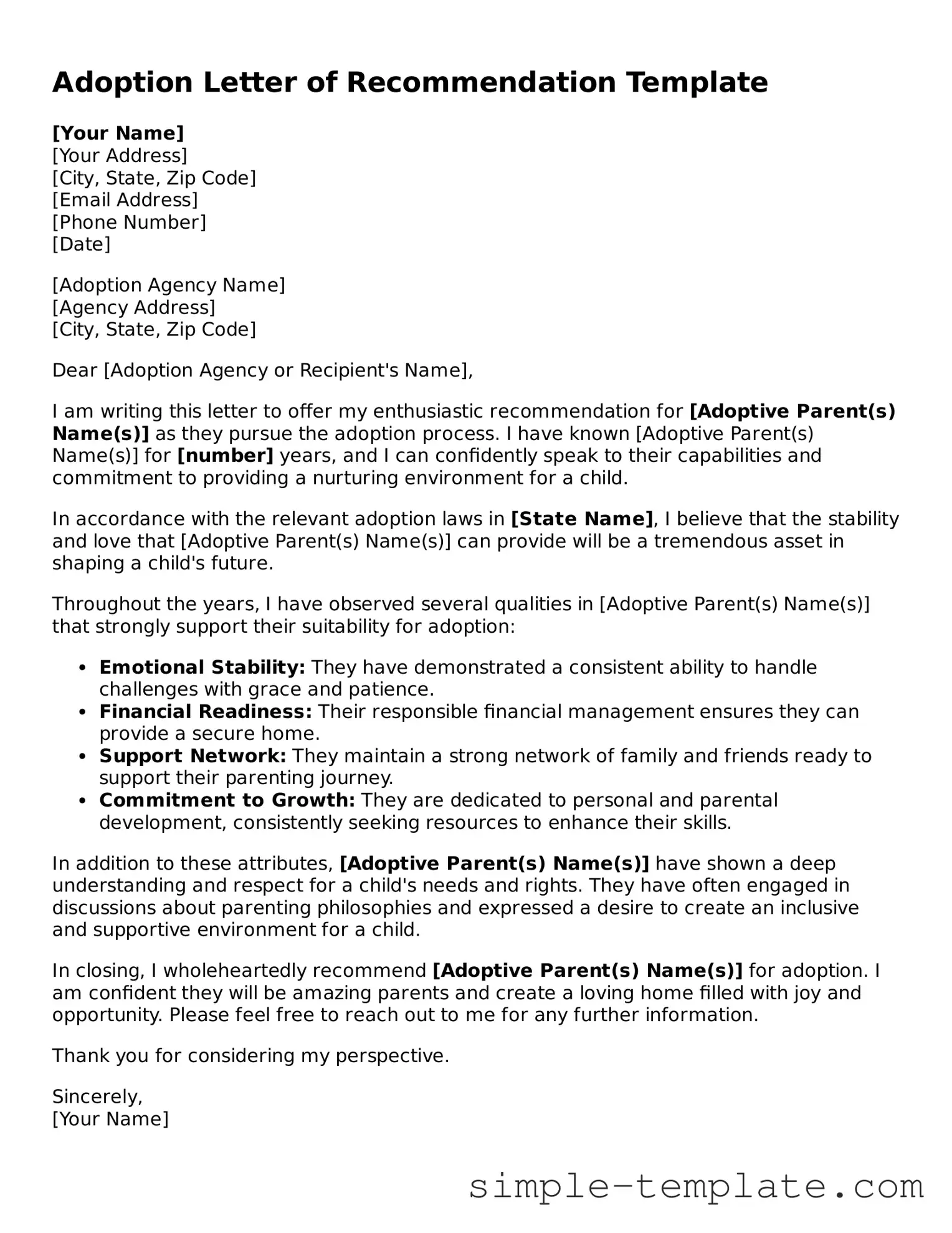 Adoption Letter of Recommendation Form