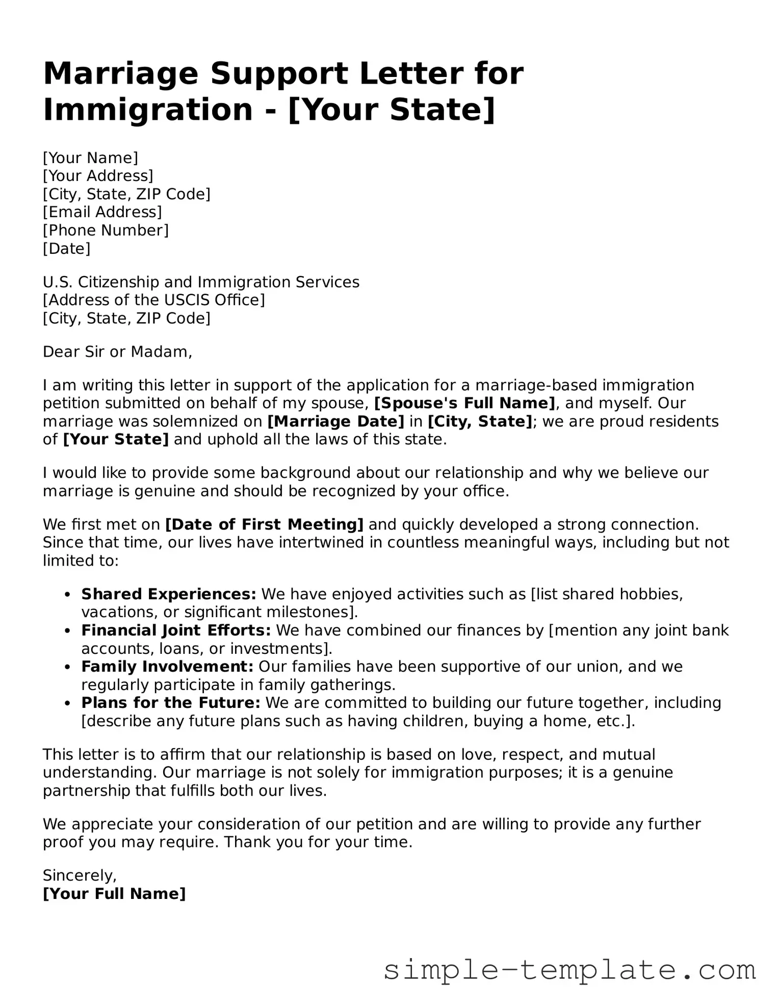 Marriage Support Letter for Immigration Form
