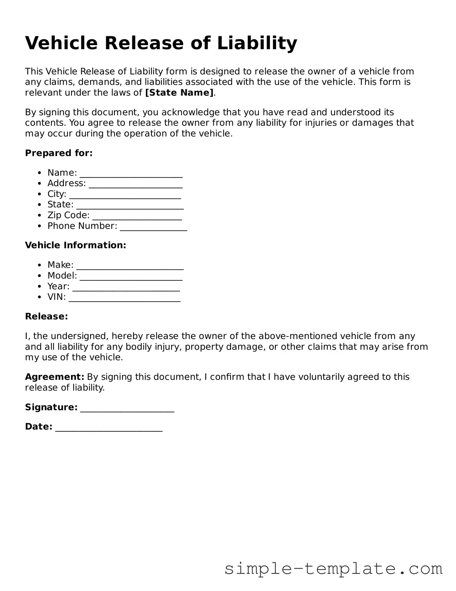 Vehicle Release of Liability Form