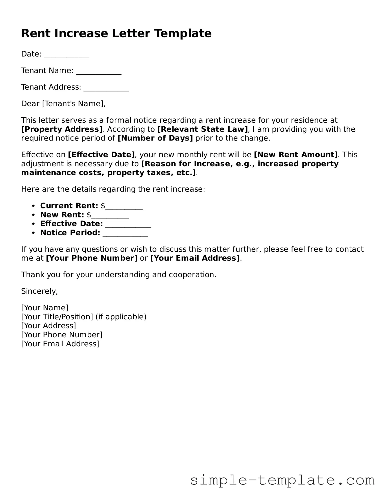 Rent Increase Letter Form