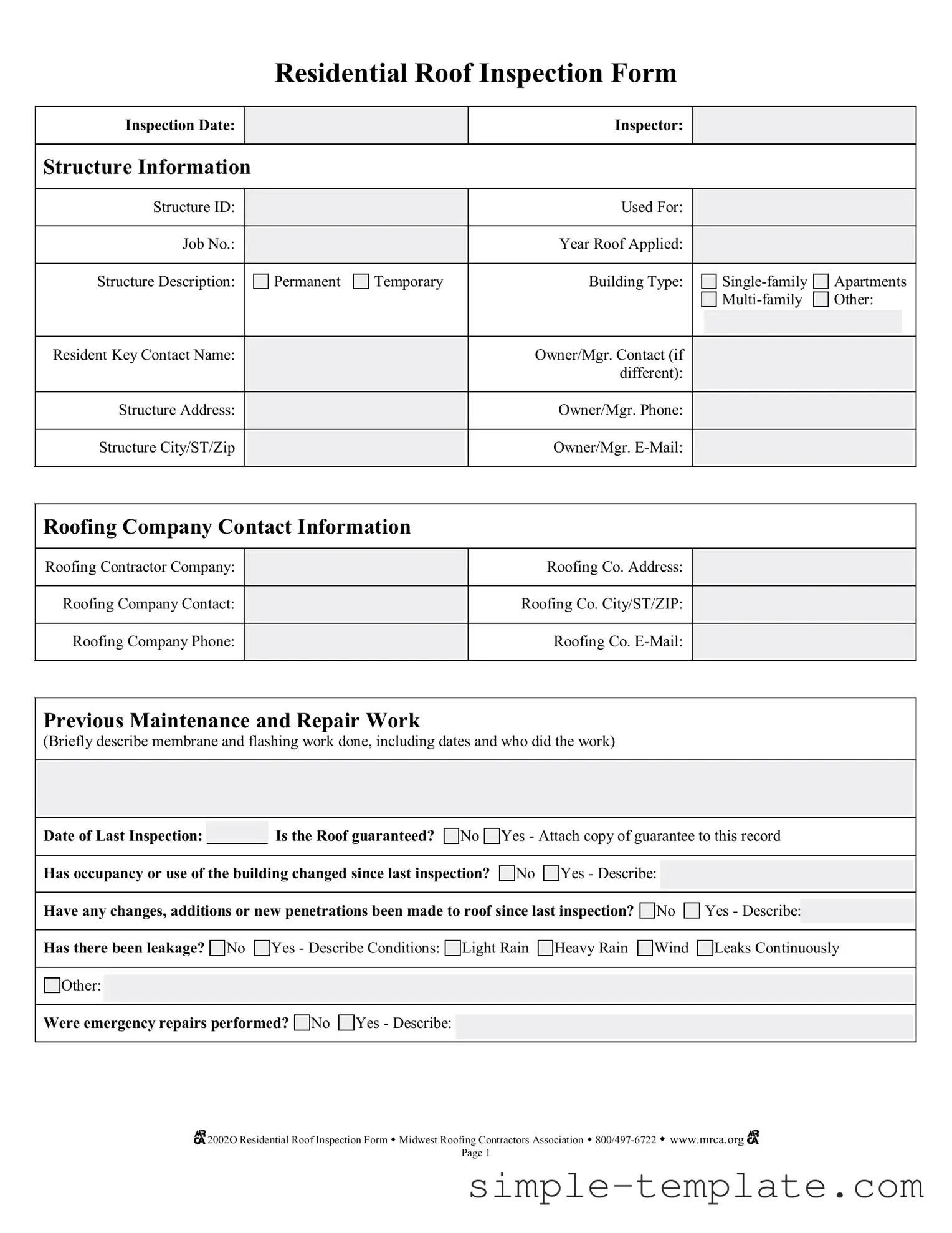 Free Roof Inspection Form in PDF