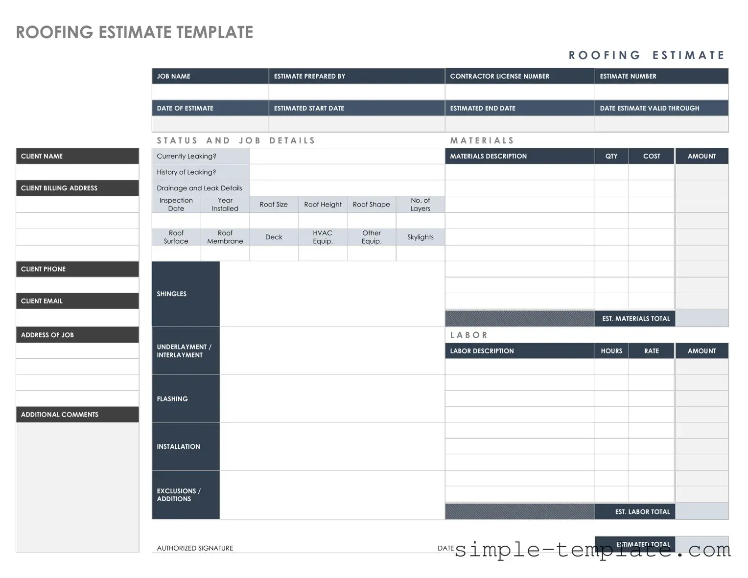 Free Roofing Estimate Form in PDF