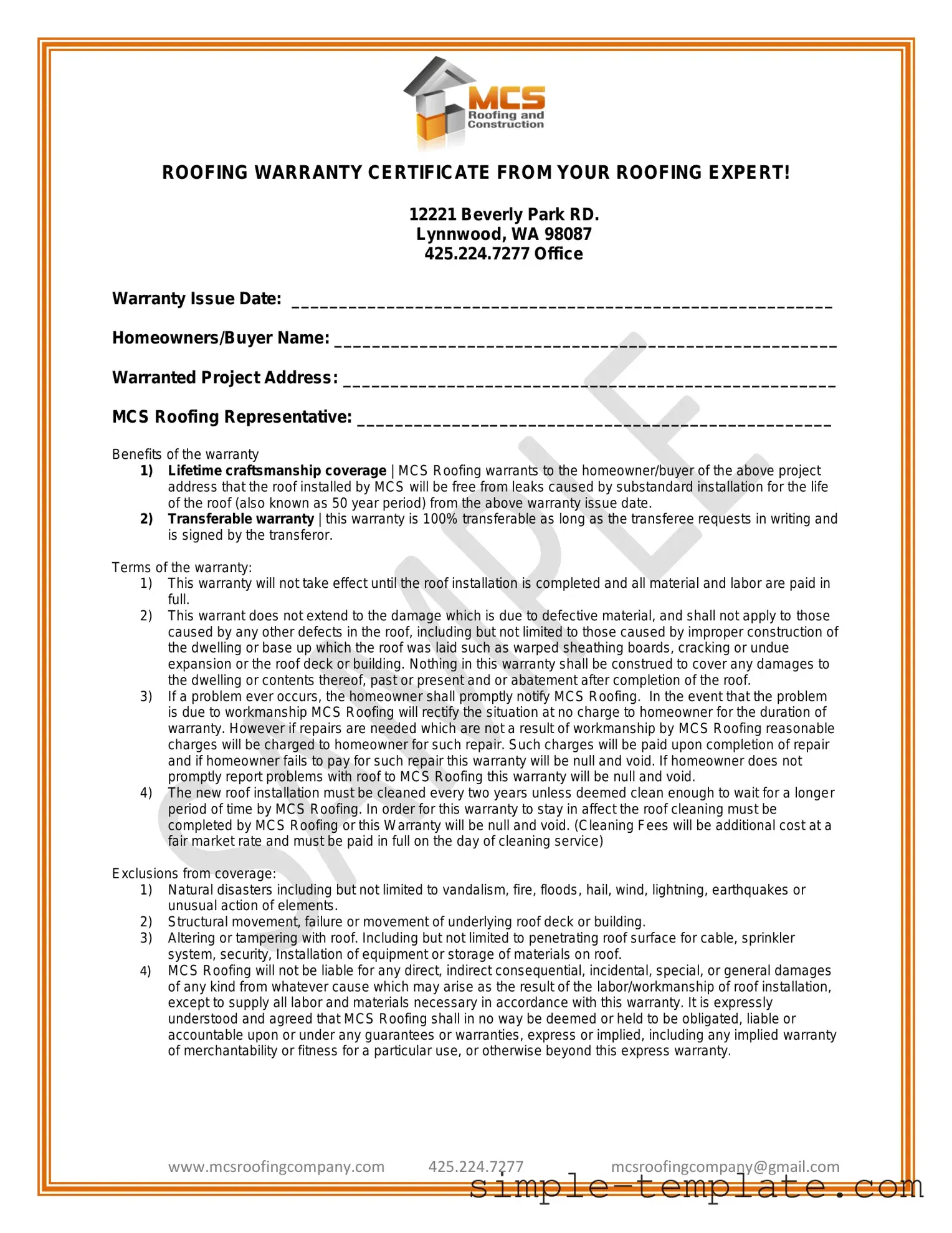 Free Roofing Warranty Certificate Form in PDF