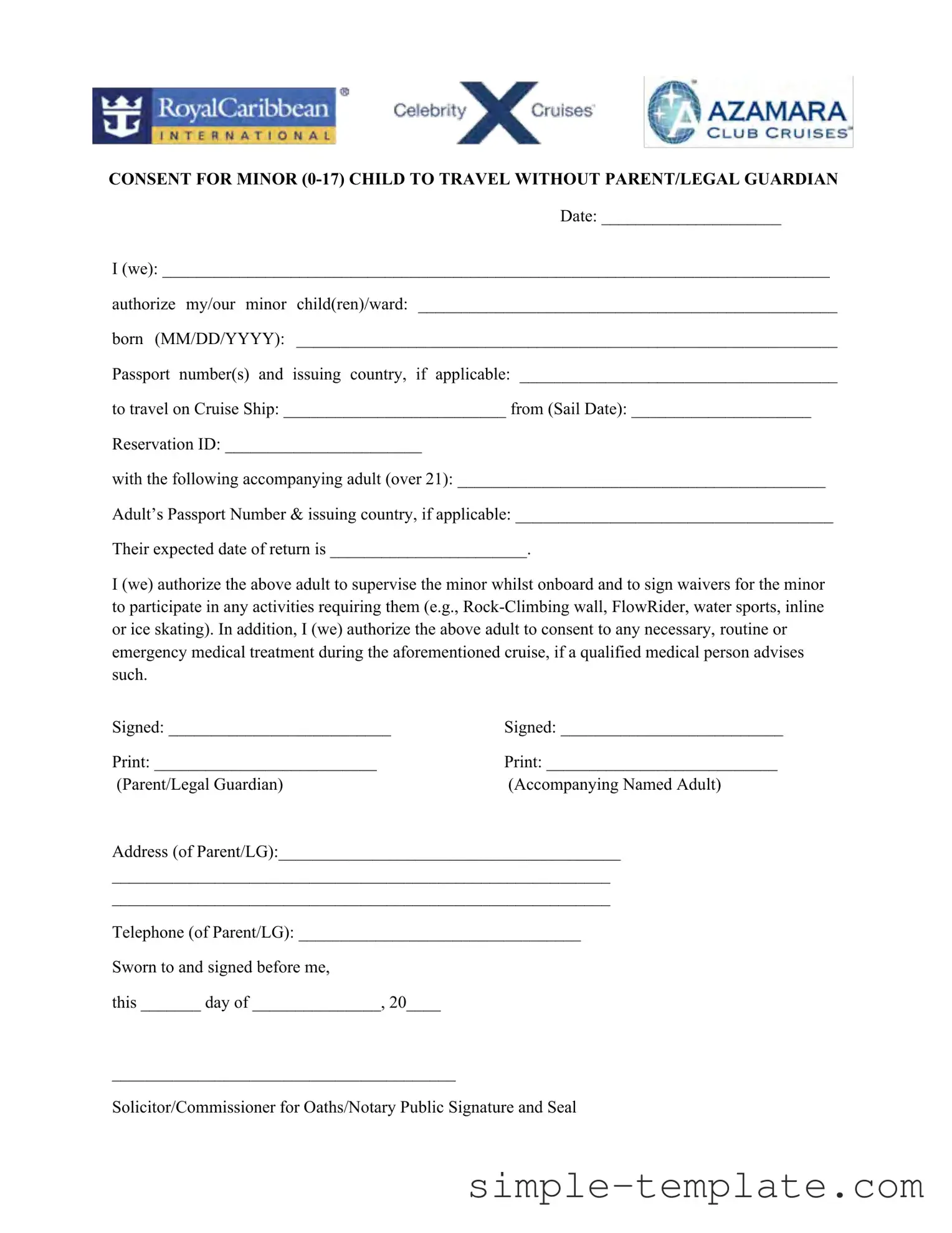 Free Royal Caribbean Parental Consent Form in PDF
