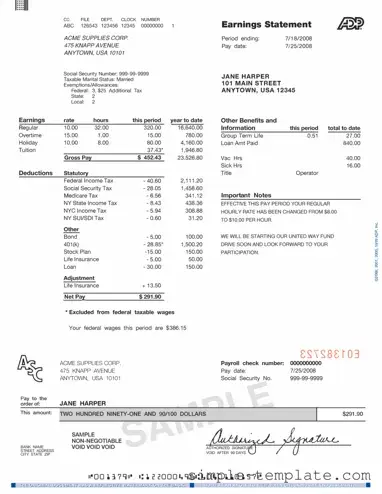 Free Adp Pay Stub Form in PDF