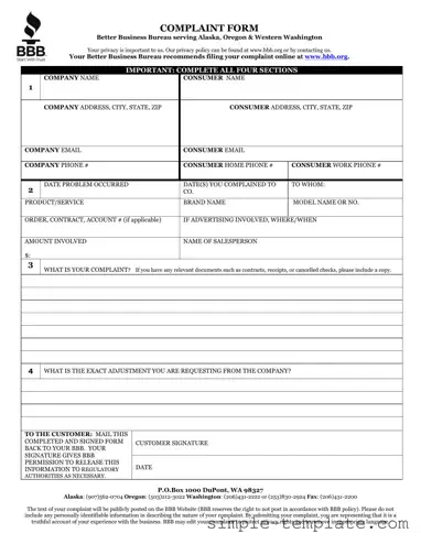 Free Bbb Complaint Form in PDF