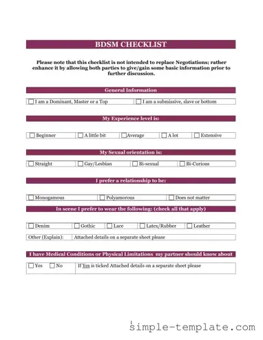 Free Bdsm Checklist Form in PDF
