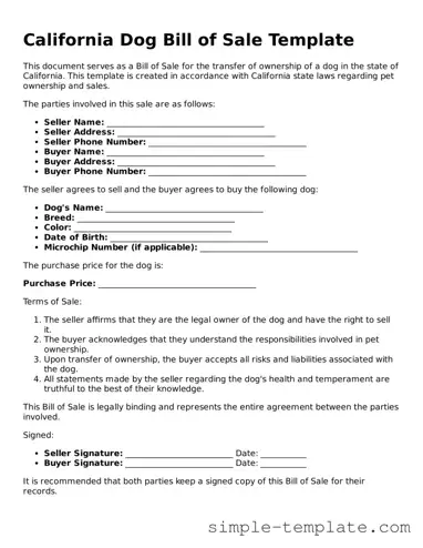 Printable California Dog Bill of Sale Document