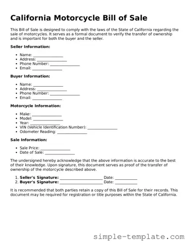 Printable California Motorcycle Bill of Sale Document