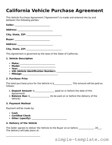Printable California Vehicle Purchase Agreement Document