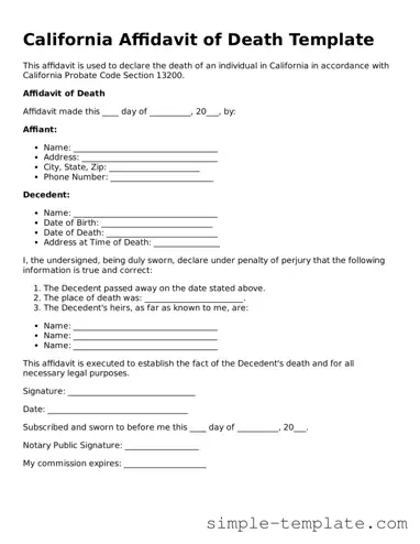 Printable California Affidavit of Death Document