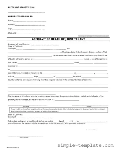 Free California Death of a Joint Tenant Affidavit Form in PDF