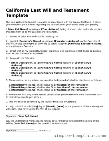 Printable California Last Will and Testament Document