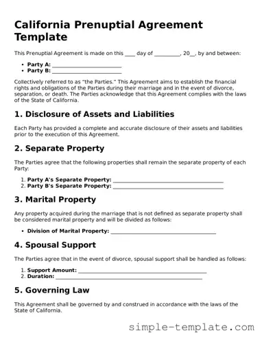 Printable California Prenuptial Agreement Document