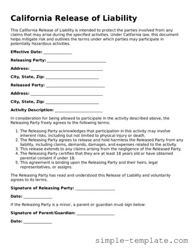 Printable California Release of Liability Document