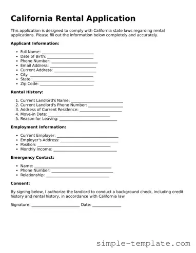 Printable California Rental Application Document
