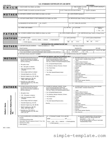 Free CDC U.S. Standard Certificate of Live Birth Form in PDF