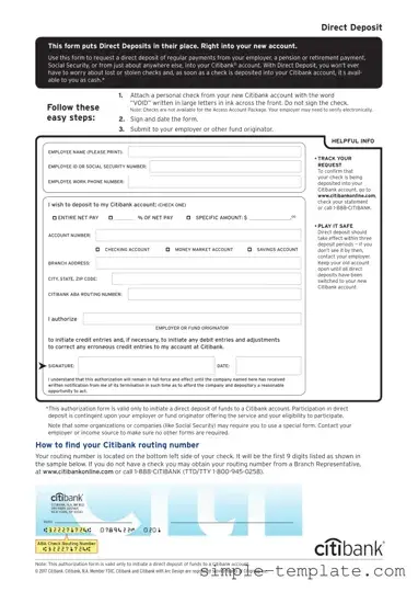 Free Citibank Direct Deposit Form in PDF