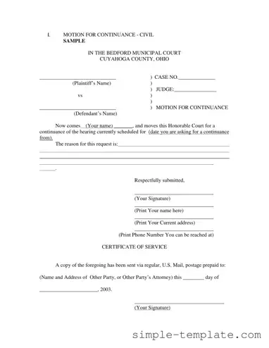 Free Motion For Continuance Form in PDF