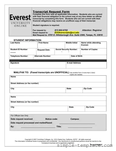 Free Everest University Transcript Form in PDF