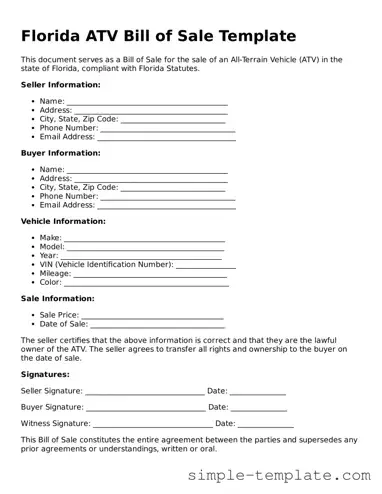 Printable Florida ATV Bill of Sale Document