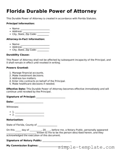 Printable Florida Durable Power of Attorney Document