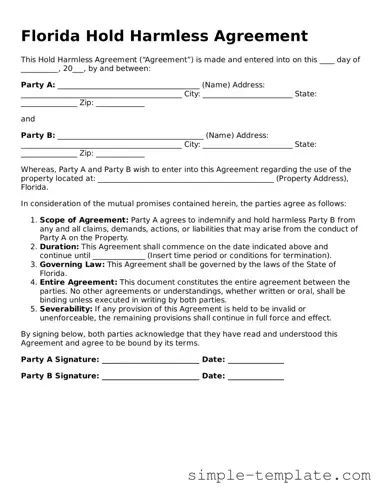 Printable Florida Hold Harmless Agreement Document