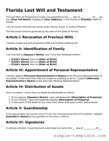 Printable Florida Last Will and Testament Document