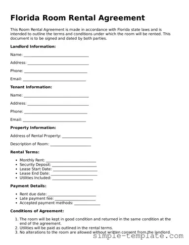 Printable Florida Room Rental Agreement Document