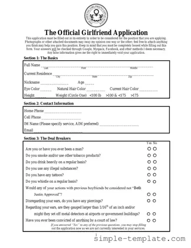 Free Girlfriend Application Form in PDF