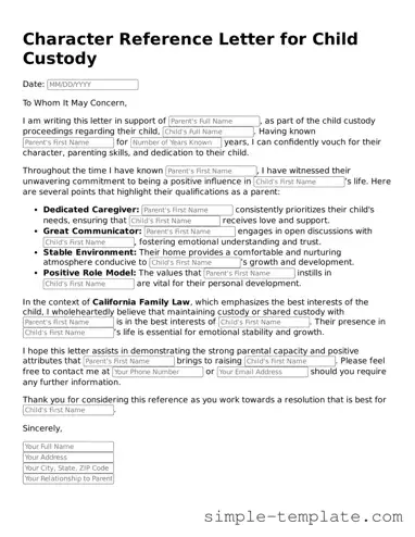 Character Reference Letter for Child Custody Form