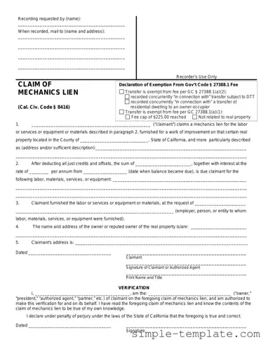 Free Mechanics Lien California Form in PDF