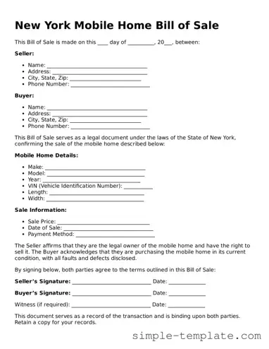 Printable New York Mobile Home Bill of Sale Document