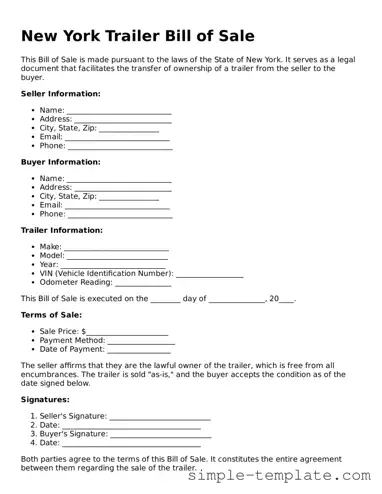 Printable New York Trailer Bill of Sale Document