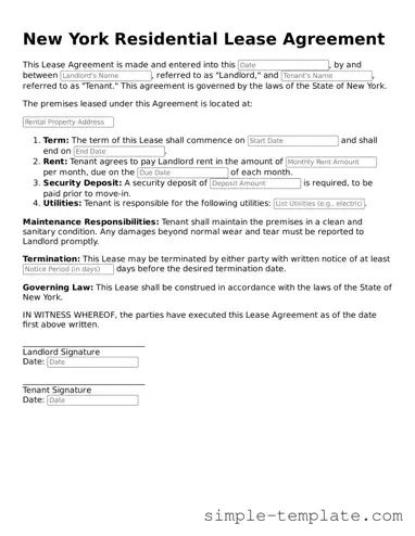Printable New York Residential Lease Agreement Document
