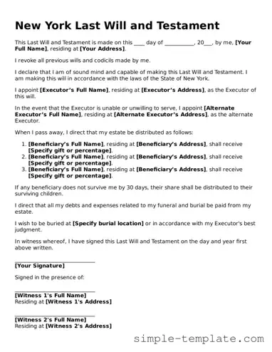 Printable New York Last Will and Testament Document
