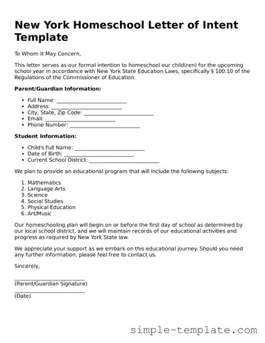 Printable New York Homeschool Letter of Intent Document